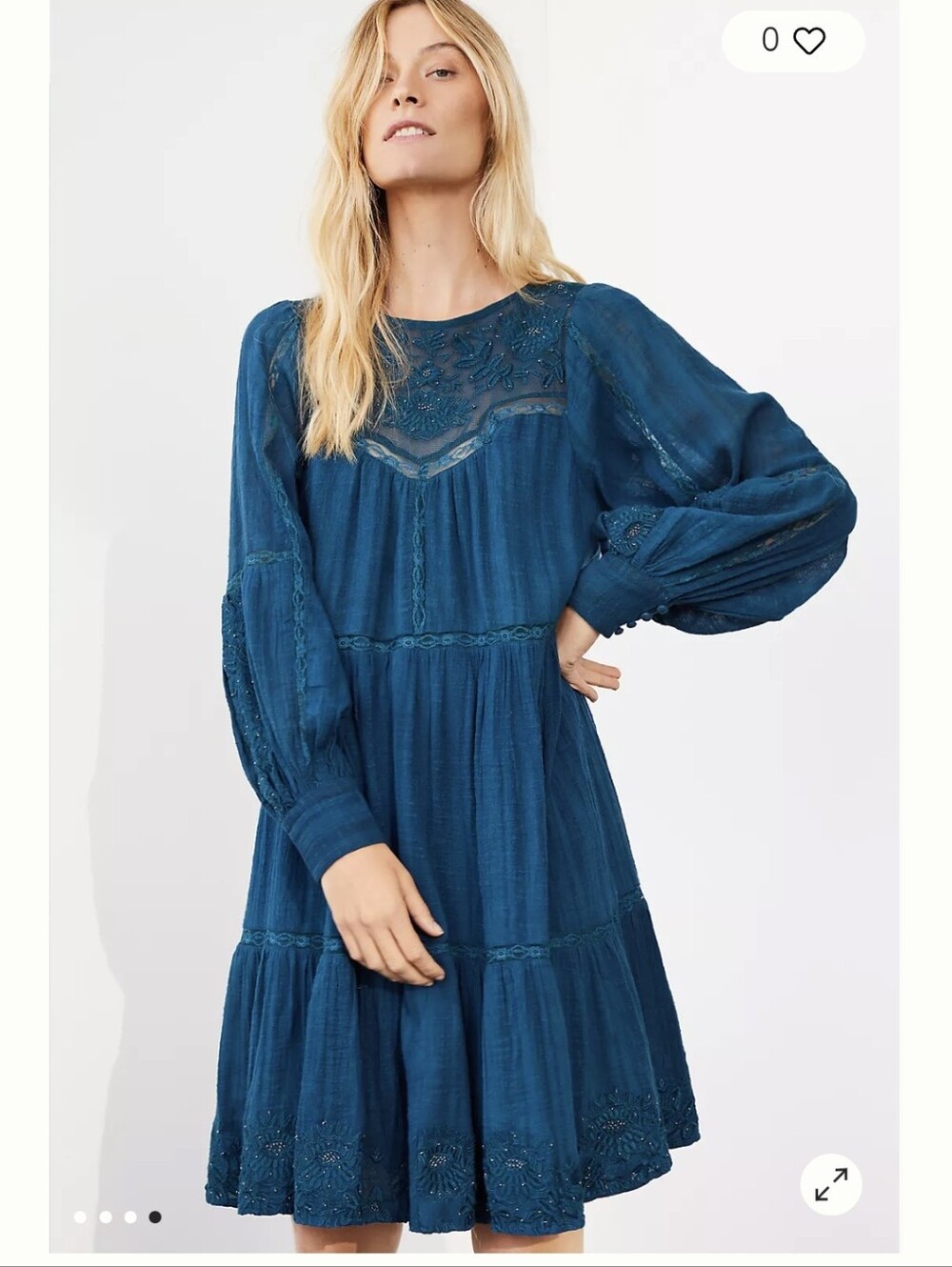 Anthropologie Sharon Embroidered Tunic Drress XS Floral Beaded Lace Tiered Mini